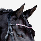 Closeup of a black horse head wearing  The Paloma browband featuring Austrian stellux crystals that alternates a pattern of soft pink, clear and watermelon pink creating the perfect pink tone.