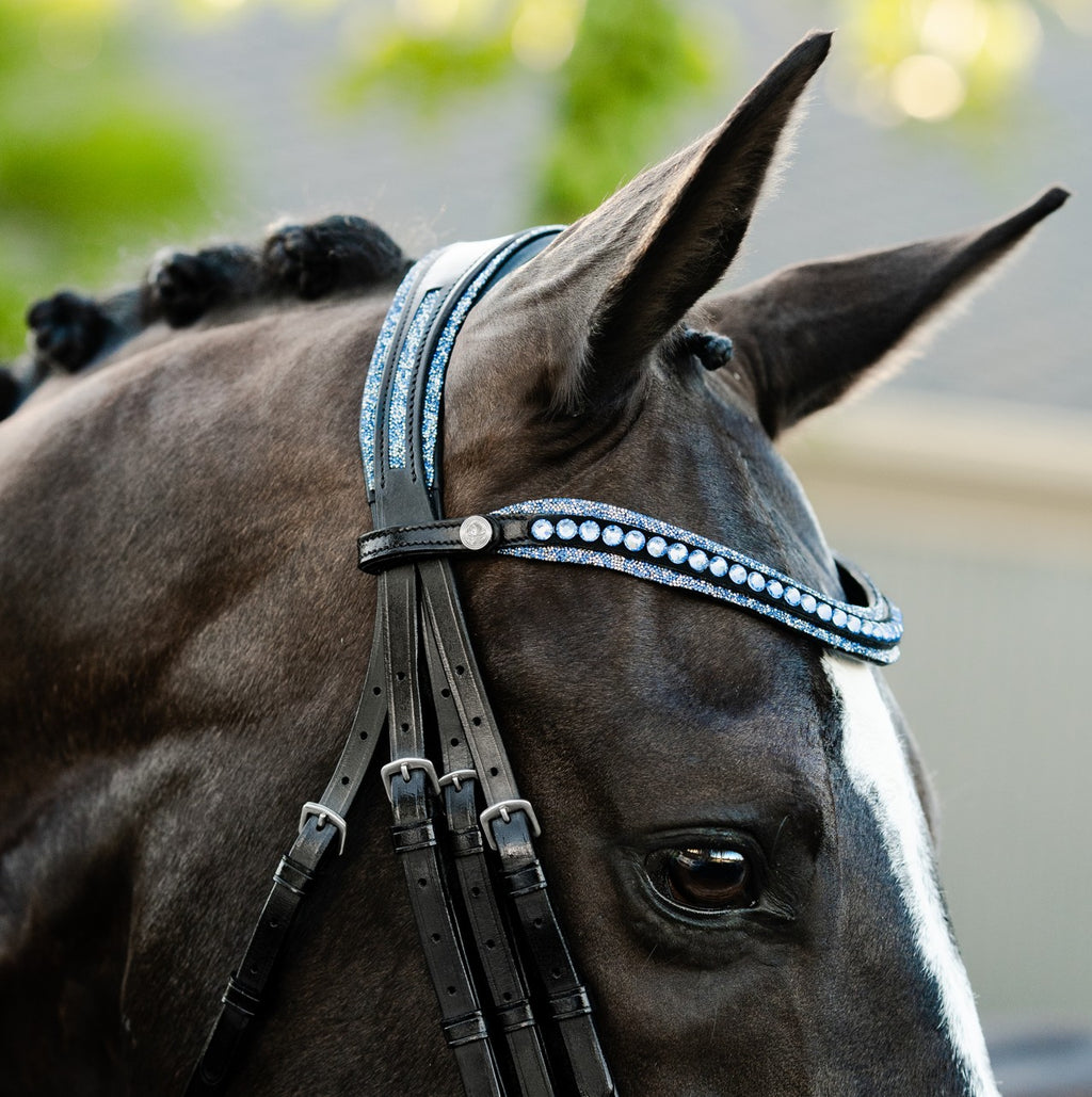 Lumiere Paris black leather double bridle – side view, blue crystal browband and head piece with blue crystal rock pipping