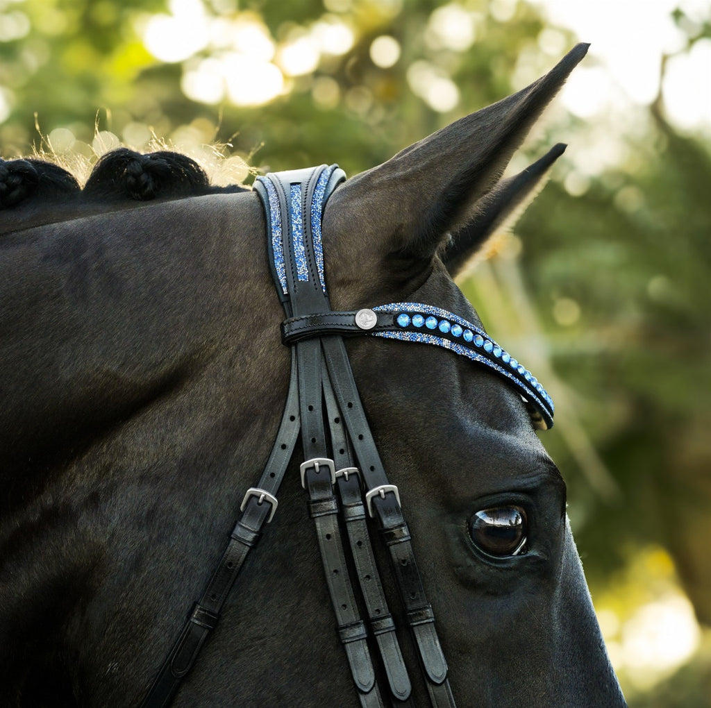 Lumiere Paris black leather double bridle – closeup, blue crystal browband and head piece with blue crystal rock pipping