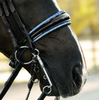 Lumiere Paris black leather double bridle – closeup of the patent noseband with blue crystal rock pipping