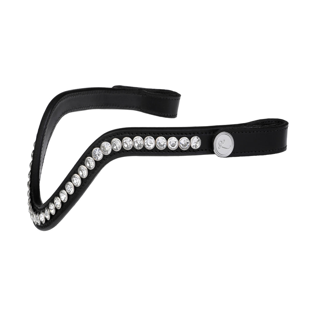 A side view of The Lumiere Saphira browband features a distinctive V-shaped design of clear Austrian stellux crystals on premium leather on a white background.