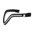 A side view of The Lumiere Saphira browband features a distinctive V-shaped design of clear Austrian stellux crystals on premium leather on a white background.