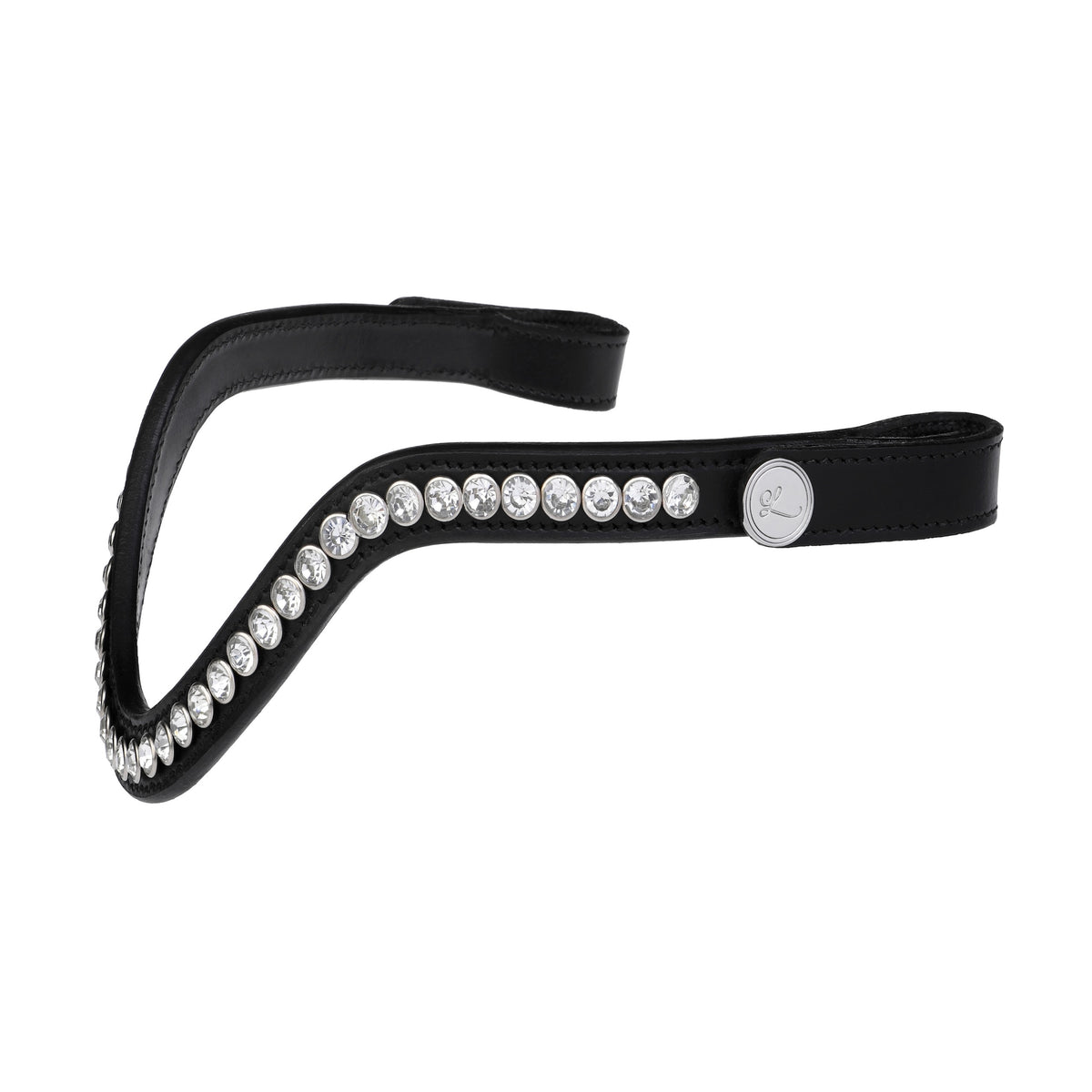 A side view of The Lumiere Saphira browband features a distinctive V-shaped design of clear Austrian stellux crystals on premium leather on a white background.