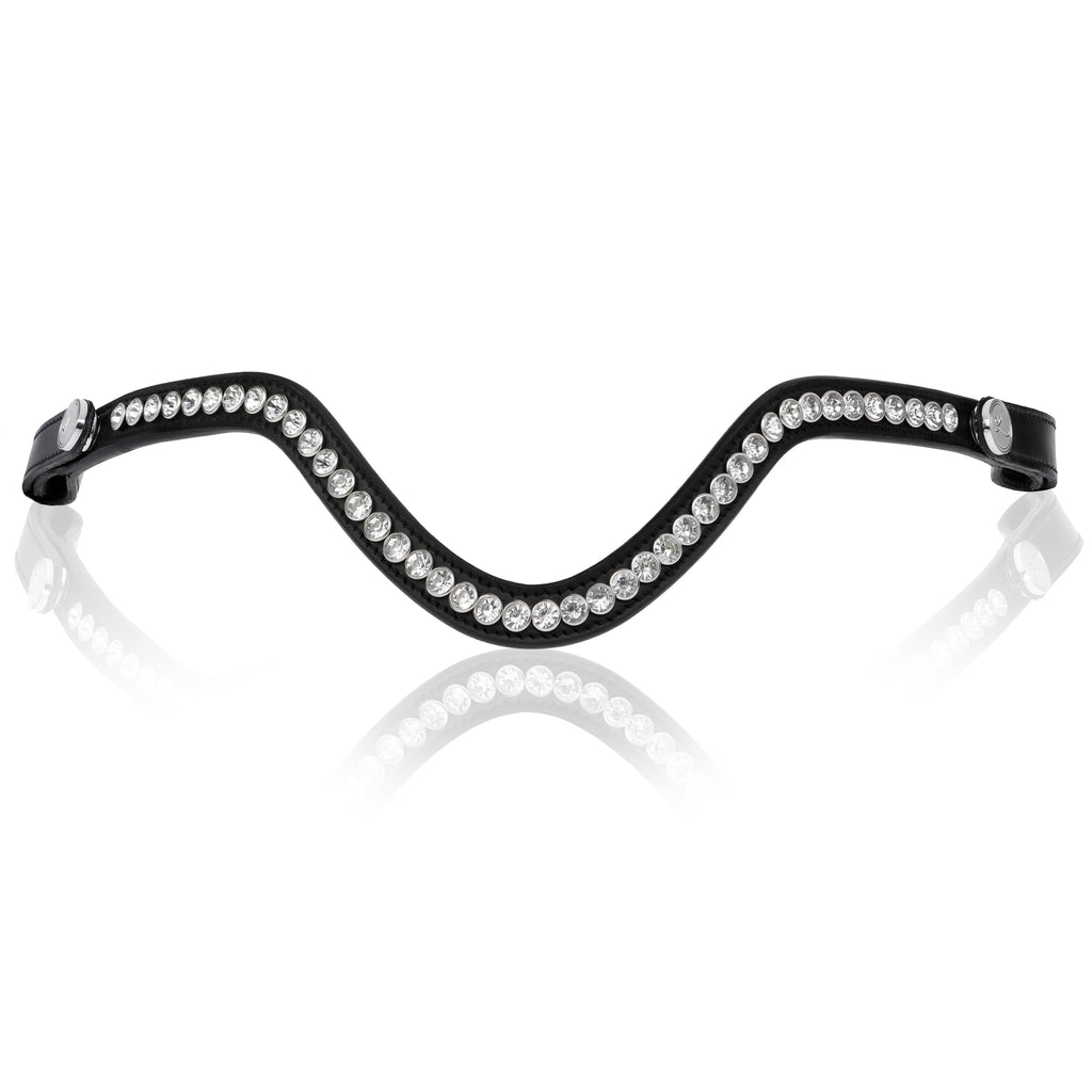 A close-up of The Lumiere Saphira browband features a distinctive V-shaped design of clear Austrian stellux crystals on premium leather on a white background with a faint reflection below.