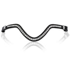 A close-up of The Lumiere Saphira browband features a distinctive V-shaped design of clear Austrian stellux crystals on premium leather on a white background with a faint reflection below.