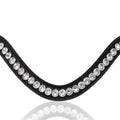 A close-up of The Lumiere Saphira browband features a distinctive V-shaped design of clear Austrian stellux crystals on premium leather on a white background with a faint reflection below.
