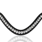 A close-up of The Lumiere Saphira browband features a distinctive V-shaped design of clear Austrian stellux crystals on premium leather on a white background with a faint reflection below.