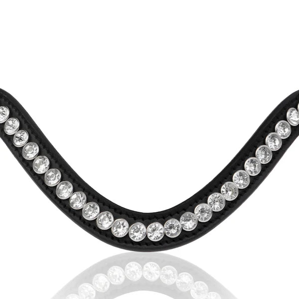 A close-up of The Lumiere Saphira browband features a distinctive V-shaped design of clear Austrian stellux crystals on premium leather on a white background with a faint reflection below.