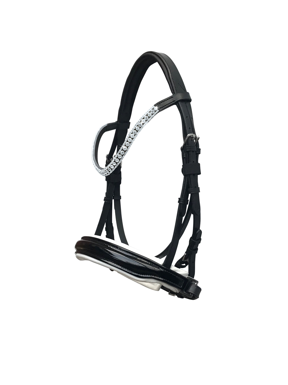 The Lumiere Adeline bridle crafted from premium leather bridle with white gel-padded noseband and luxury crystal broowband, perfect for dressage, jumping and eventing.