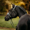 Black horse wearing a Lumiere Adeline bridle crafted from premium leather  with white gel-padded noseband and luxury crystal browband, perfect for dressage, jumping and eventing.
