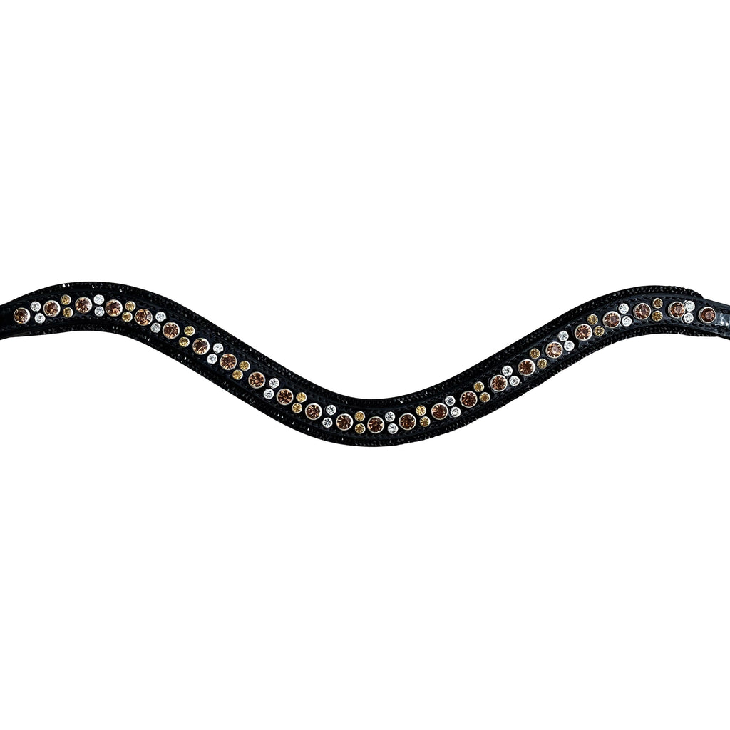 Closeup of the Lumiere Ariana browband featuring a wide deep-drop crystal design — gold-toned Austrian stellux crystals framed by black crystals - Patent leather loops