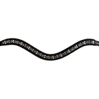 Closeup of the Lumiere Ariana browband featuring a wide deep-drop crystal design — gold-toned Austrian stellux crystals framed by black crystals - Patent leather loops