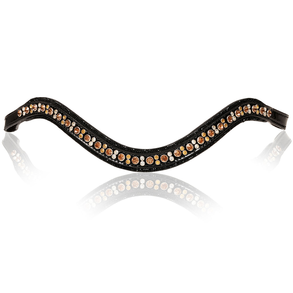 Front view of the Lumiere Ariana browband featuring a wide deep-drop crystal design — gold-toned Austrian stellux crystals framed by black crystals - Patent leather loops