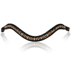 Front view of the Lumiere Ariana browband featuring a wide deep-drop crystal design — gold-toned Austrian stellux crystals framed by black crystals - Patent leather loops