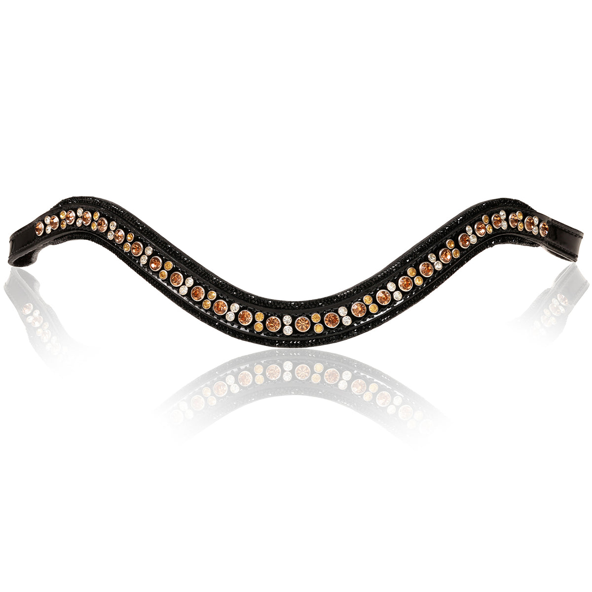 Front view of the Lumiere Ariana browband featuring a wide deep-drop crystal design — gold-toned Austrian stellux crystals framed by black crystals - Patent leather loops
