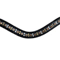 Closeup of the Lumiere Ariana browband featuring a wide deep-drop crystal design — gold-toned Austrian stellux crystals framed by black crystals - Patent leather loops