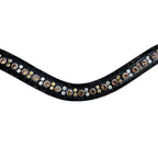Closeup of the Lumiere Ariana browband featuring a wide deep-drop crystal design — gold-toned Austrian stellux crystals framed by black crystals - Patent leather loops