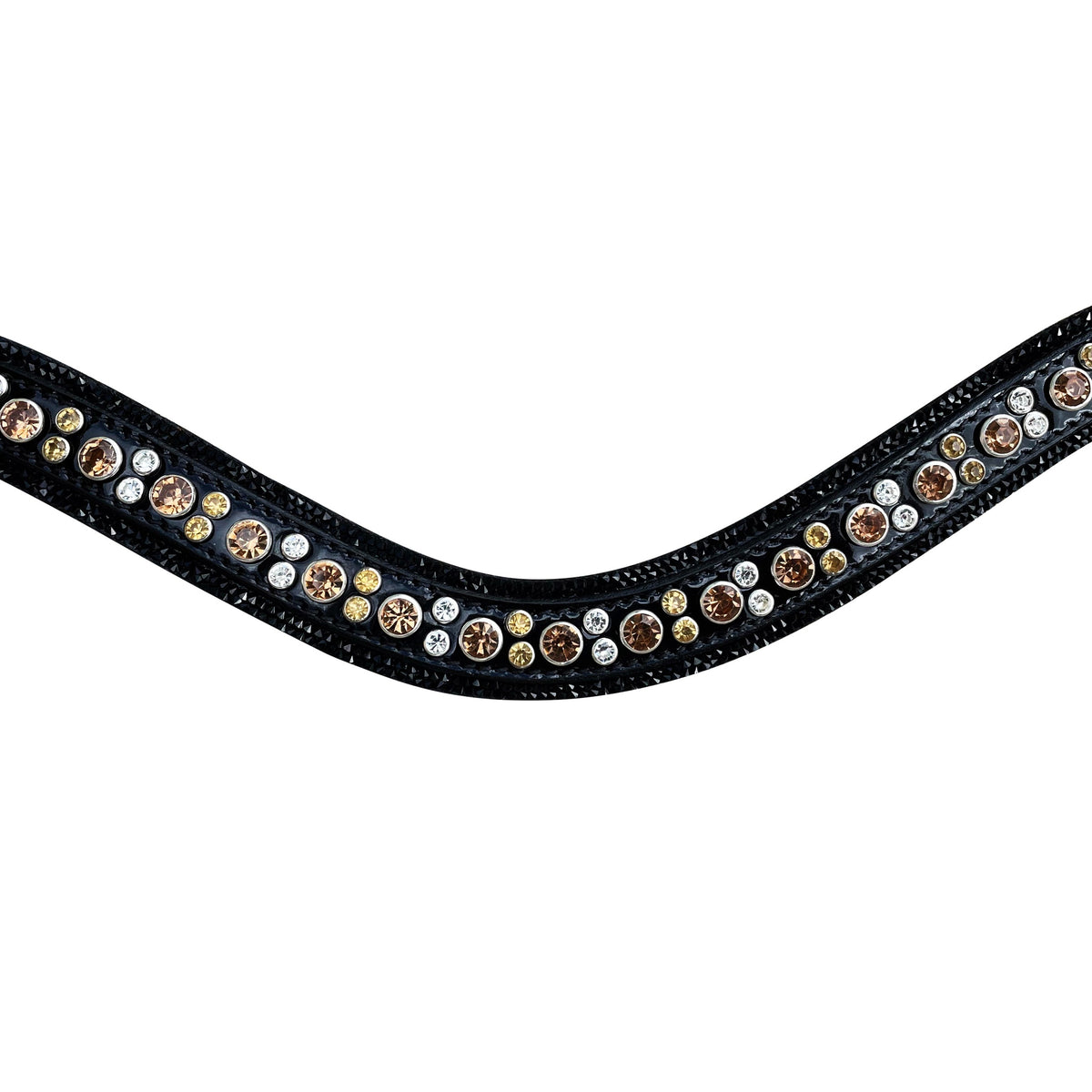 Closeup of the Lumiere Ariana browband featuring a wide deep-drop crystal design — gold-toned Austrian stellux crystals framed by black crystals - Patent leather loops