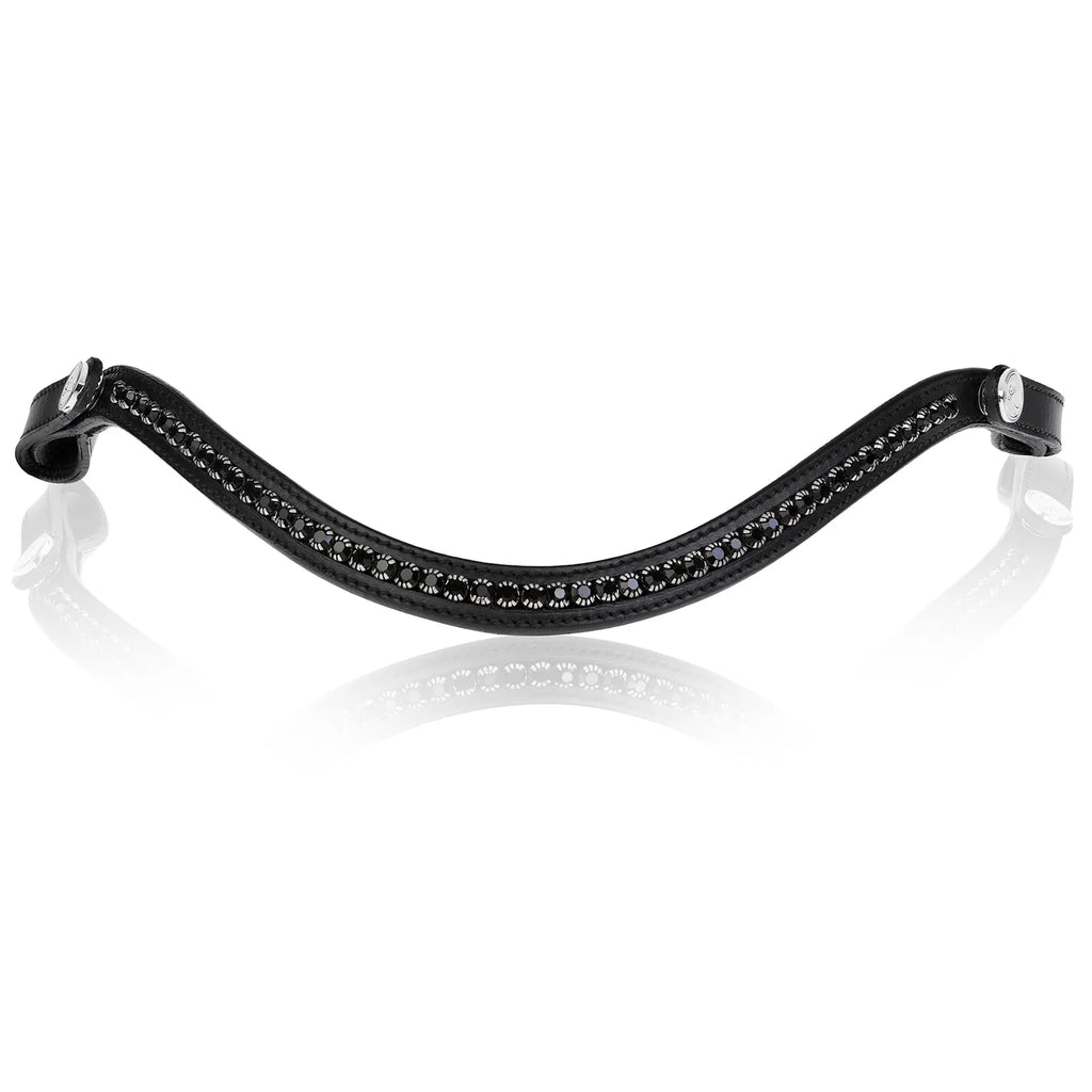 A close-up of the Lumiere Stella classic curved black leather browband with black Austrian stellux crystals.