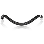 A close-up of the Lumiere Stella classic curved black leather browband with black Austrian stellux crystals.