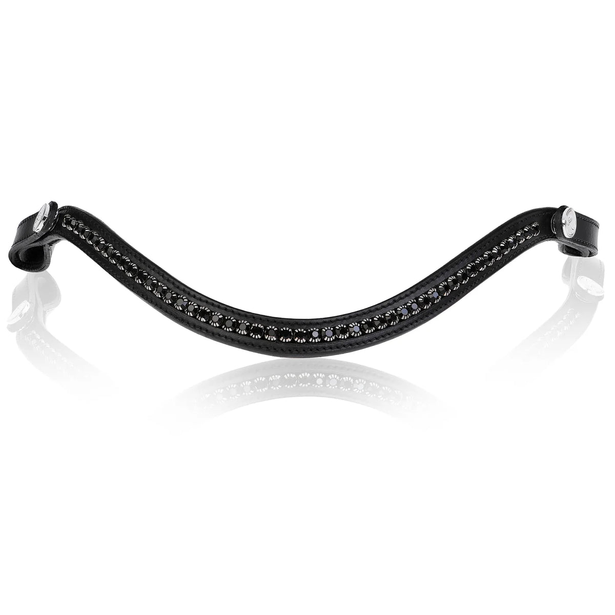A close-up of the Lumiere Stella classic curved black leather browband with black Austrian stellux crystals.
