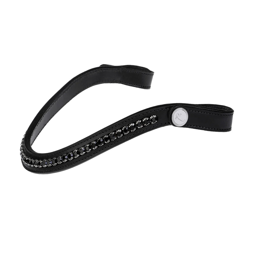A close-up of the Lumiere Stella classic curved black leather browband with black Austrian stellux crystals.