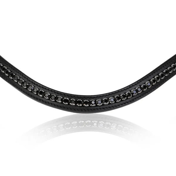 A close-up of the Lumiere Stella classic curved black leather browband with black Austrian stellux crystals.