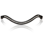 A close-up of the Lumiere Stella classic curved black leather browband with clear Austrian stellux crystals.