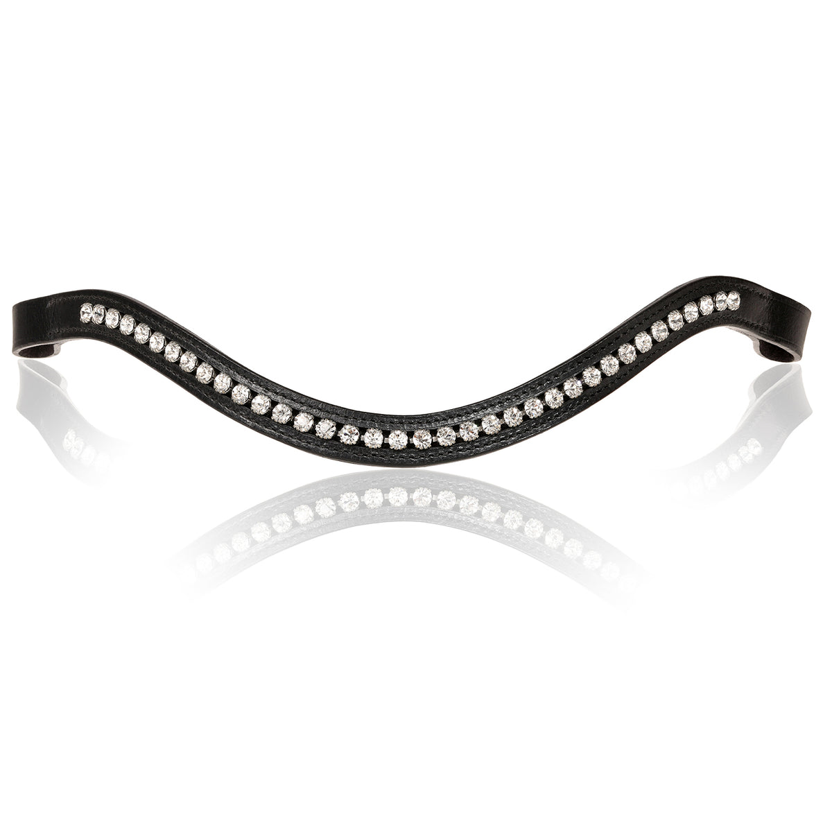 A close-up of the Lumiere Stella classic curved black leather browband with clear Austrian stellux crystals.