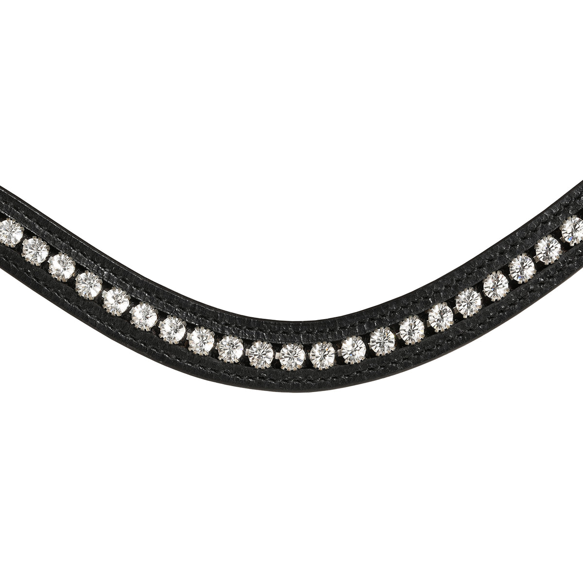 A close-up of the Lumiere Stella classic curved black leather browband with clear Austrian stellux crystals.