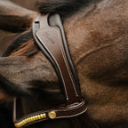 Lumiere Dallas leather jumping bridle closeup of the headpiece in brown on a bai horse head