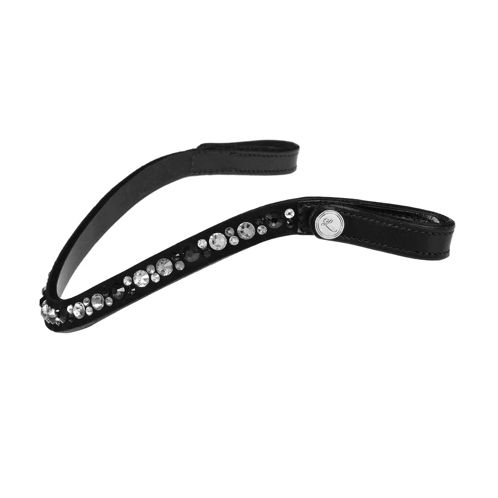 Side view of the Lumiere Dante browband featuring a medley of silver and grey Austrian stellux crystals flush-set upon a suede-backed premium leather band 