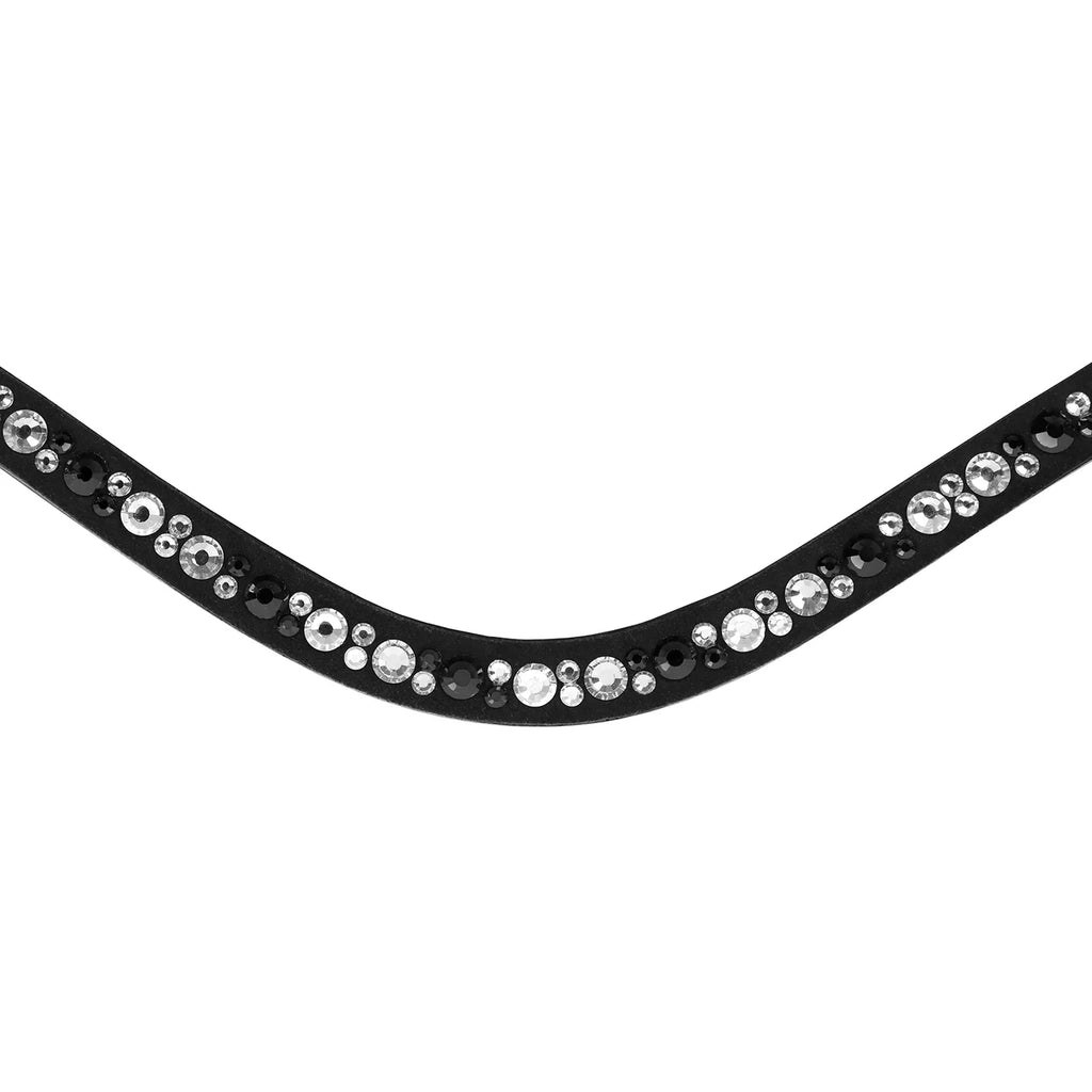 Closeup of the Lumiere Dante browband featuring a medley of silver and grey Austrian stellux crystals flush-set upon a suede-backed premium leather band 