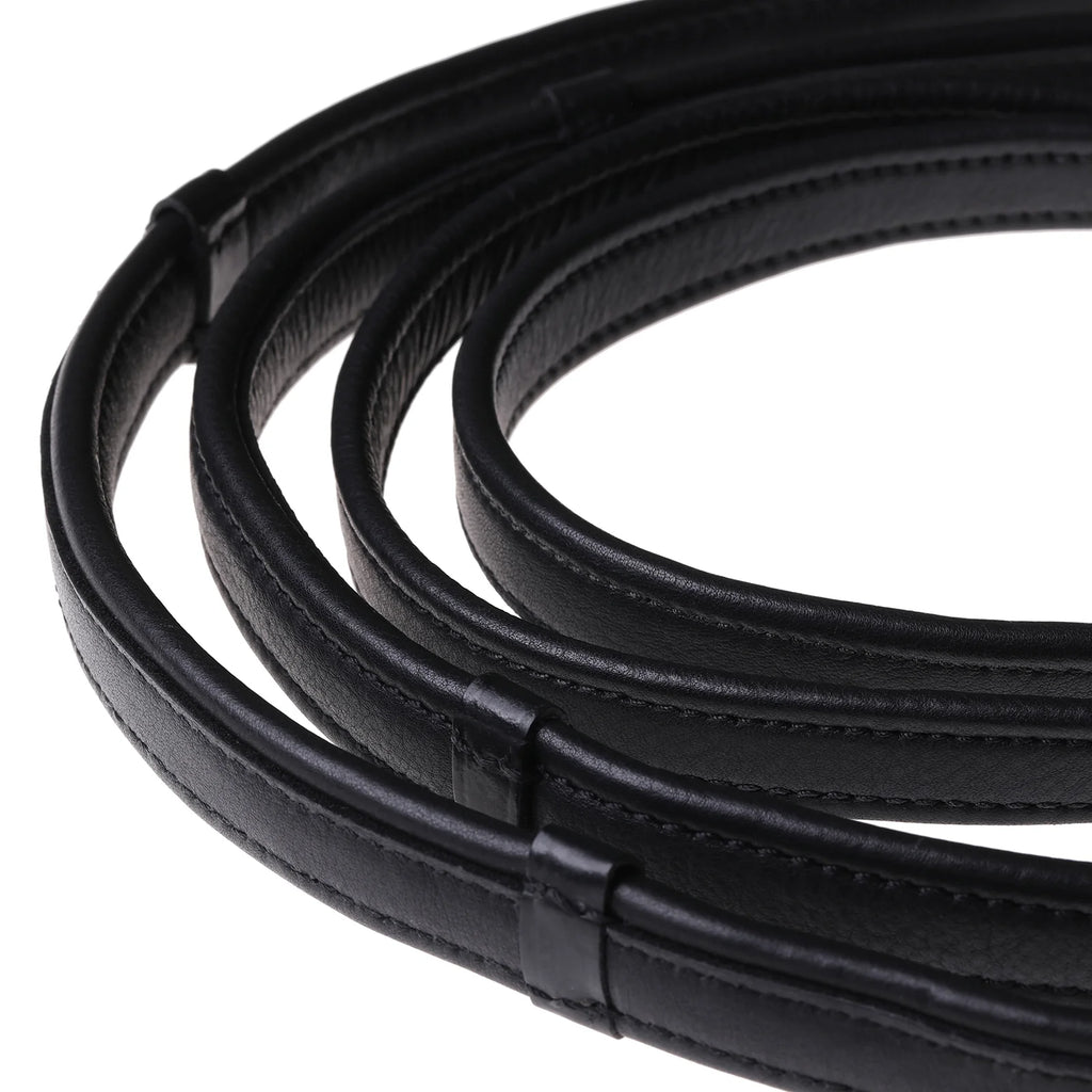 Complete double bridle rein set in butter-soft flat nappa eco-friendly leather. Includes snaffle rein (centre buckle) and curb rein (no buckle), both with billet attachments and stainless steel fittings.