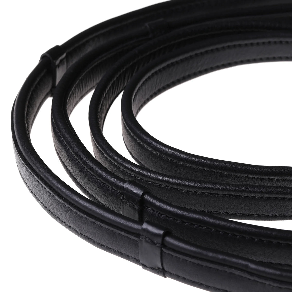 Complete double bridle rein set in butter-soft flat nappa eco-friendly leather. Includes snaffle rein (centre buckle) and curb rein (no buckle), both with billet attachments and stainless steel fittings.