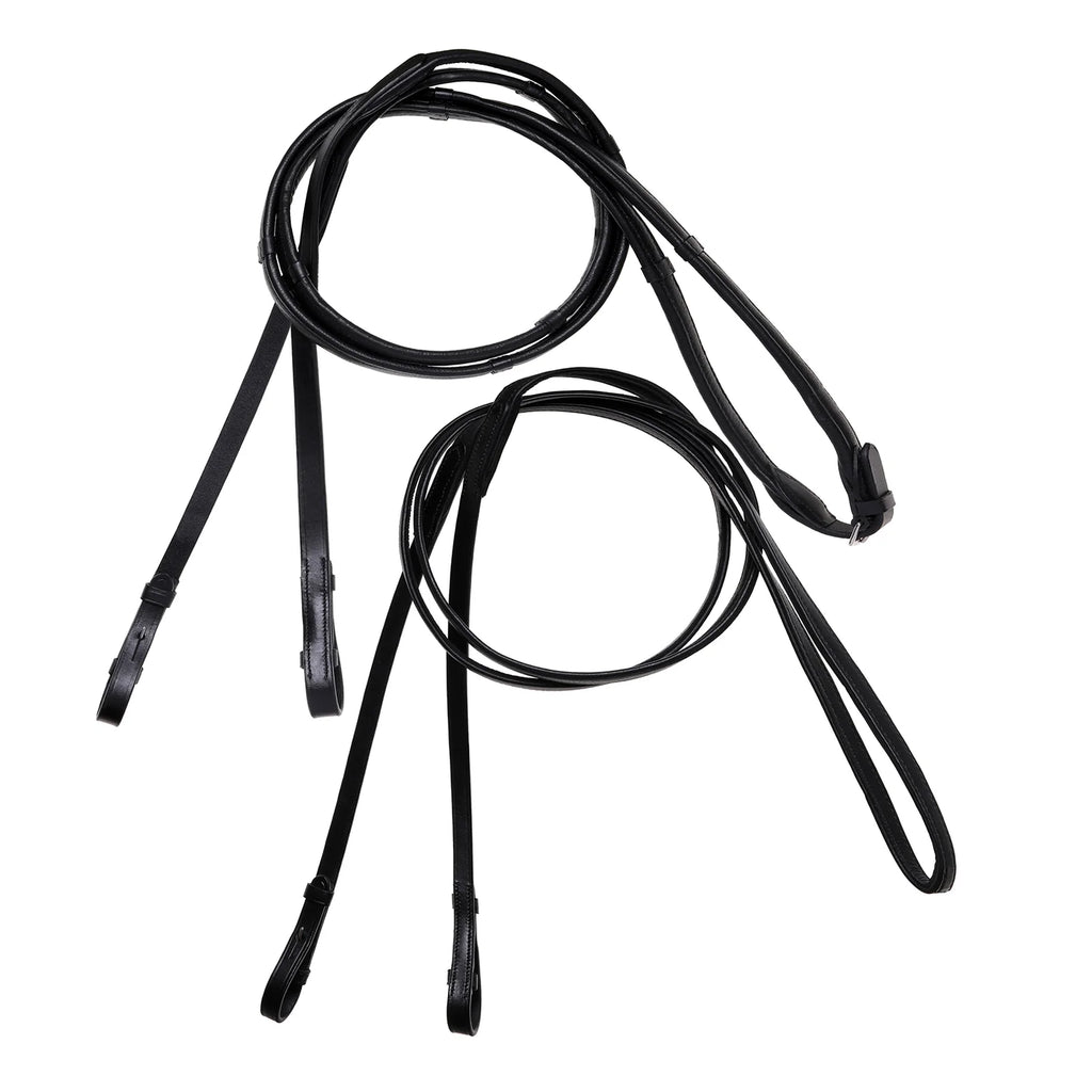 Complete double bridle rein set in butter-soft flat nappa eco-friendly leather. Includes snaffle rein (centre buckle) and curb rein (no buckle), both with billet attachments and stainless steel fittings.