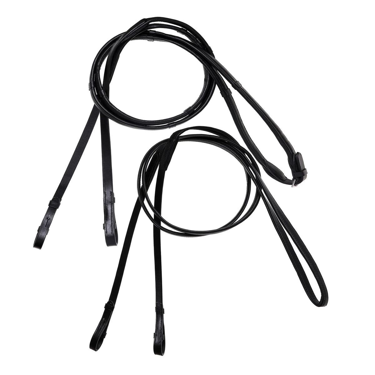 Complete double bridle rein set in butter-soft flat nappa eco-friendly leather. Includes snaffle rein (centre buckle) and curb rein (no buckle), both with billet attachments and stainless steel fittings.