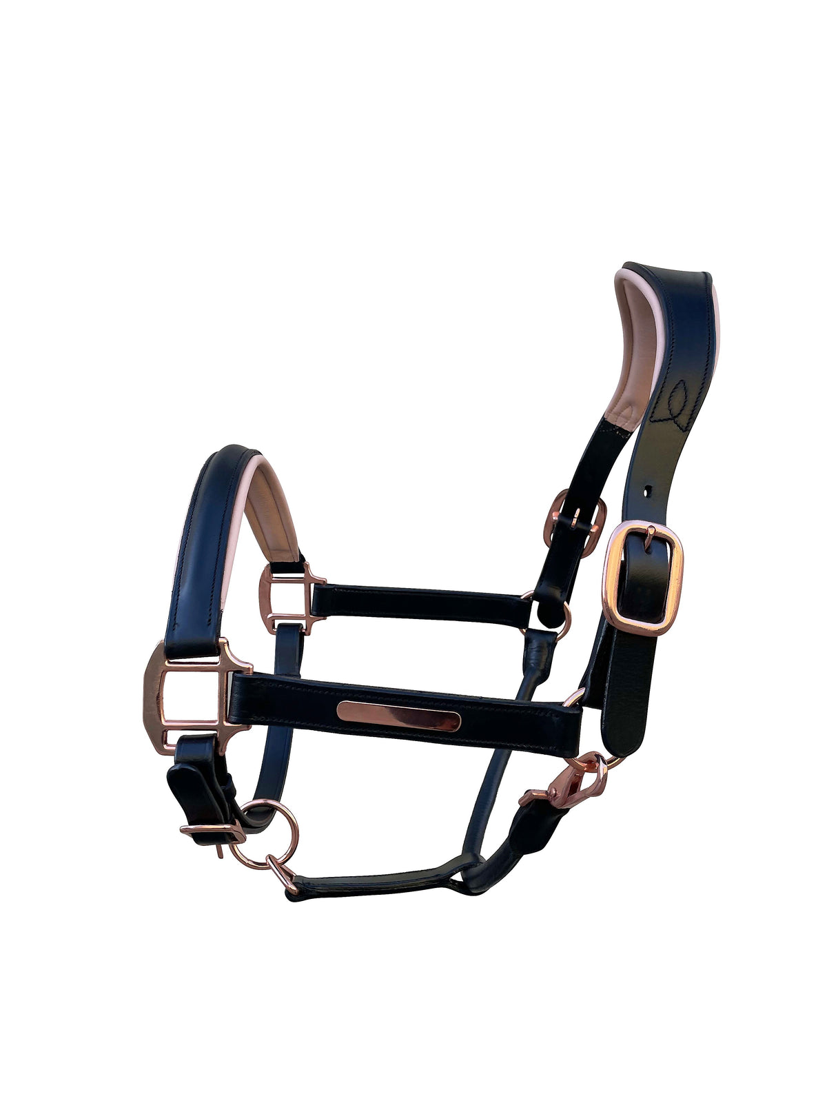 The Lumiere Hollywood halter crafted from luxurious gel-padded rose gold nappa leather with premium rose gold fittings on a plain background