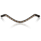 A front  view of The Lumiere Megan browband handcrafted from a two-toned blend of champagne and gold Austrian stellux crystals set upon a supple leather band, elegantly curved.