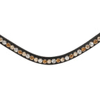 Closeup of The Lumiere Megan browband handcrafted from a two-toned blend of champagne and gold Austrian stellux crystals set upon a supple leather band, elegantly curved.
