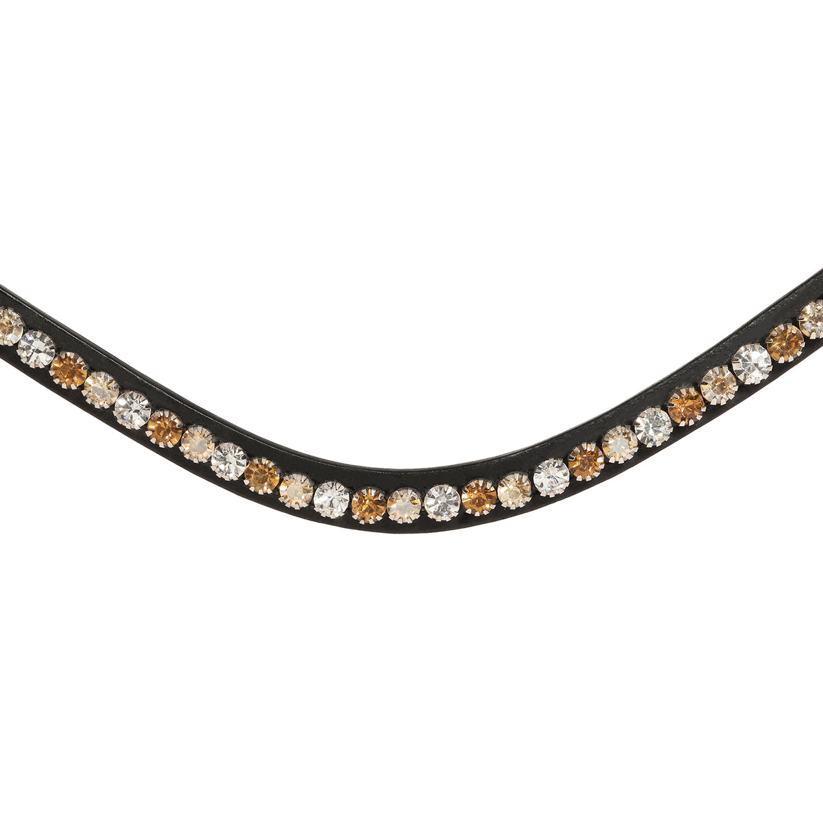 Closeup of The Lumiere Megan browband handcrafted from a two-toned blend of champagne and gold Austrian stellux crystals set upon a supple leather band, elegantly curved.
