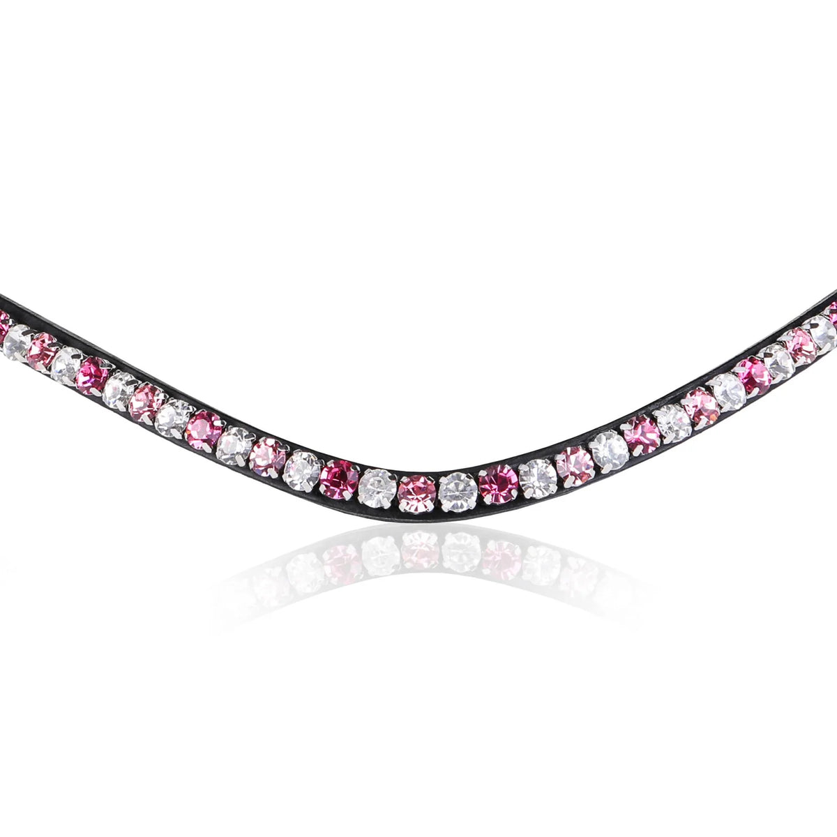 Closeup of The Paloma browband featuring Austrian stellux crystals that alternates a pattern of soft pink, clear and watermelon pink creating the perfect pink tone.