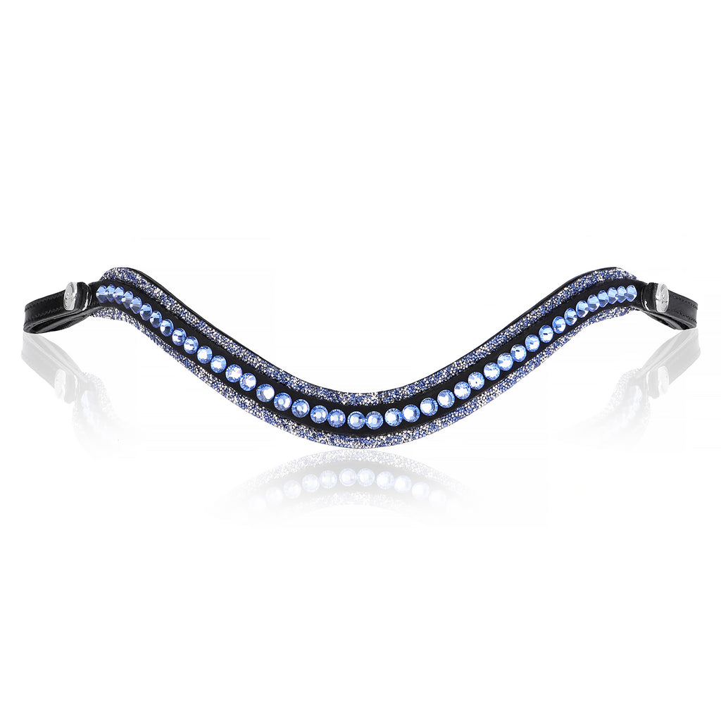 Full font view of The Paris browband — premium leather with baby blue glitter and  baby blue crystals in a wide, 2cm-deep design .