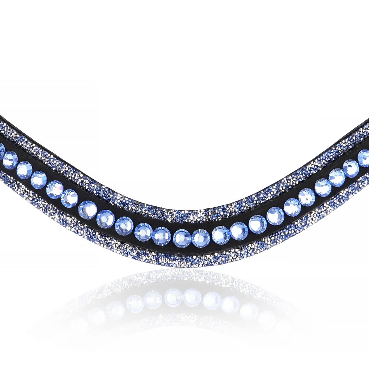 A closeup of The Paris browband — premium leather with baby blue glitter and  baby blue crystals in a wide, 2cm-deep design .