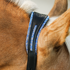 Close-up of a horse's head wearing the Lumiere Paris halter with blue and white glitter trim.