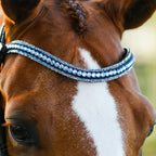 Lumiere Paris black leather bridle -Hanoverian – browband detail on a chestnut horse