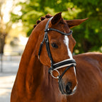 Chestnut horse wearing the Lumiere Sibella bridle crafted from luxury leather featuring a browband with black Austrian stellux crystals with gel-padded anatomic monocrown headpiece and gel-padded Hanoverian noseband — golden mesh over cream nappa leather, matte black finishin, green garden background.