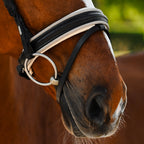 Closeup Chestnut horse wearing the Lumiere Sibella bridle crafted from luxury leather featuring the gel-padded Hanoverian noseband — golden mesh over cream nappa leather, matte black finishin, blurred background.