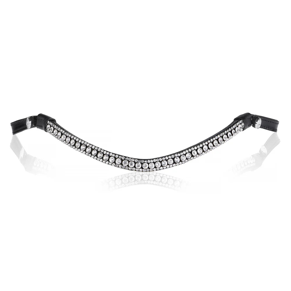 Front view of the Lumiere Solitaire multi-dimensional crystal browband — a striking centre row of solitaire-cut Austrian stellux crystals, elegantly framed by two rows of more delicate crystals for a look that catches the light from every angle.
