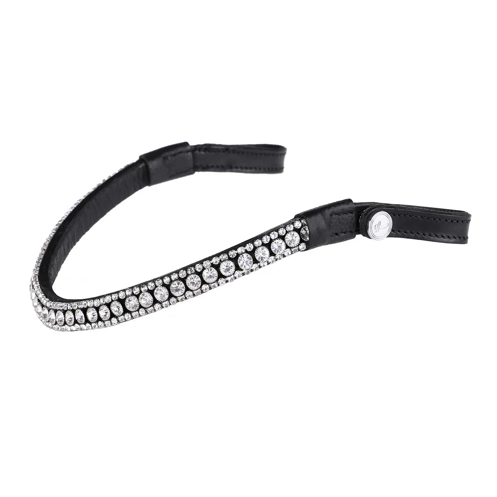 Side view of the Lumiere Solitaire multi-dimensional crystal browband — a striking centre row of solitaire-cut Austrian stellux crystals, elegantly framed by two rows of more delicate crystals for a look that catches the light from every angle.